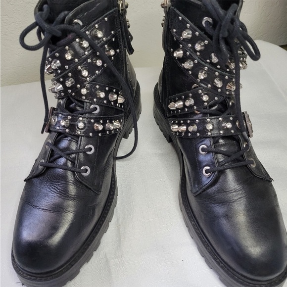 ZARA Women’s Studded Black Leather  With Silver Studded Ankle Boots Size 10 - Picture 3 of 10